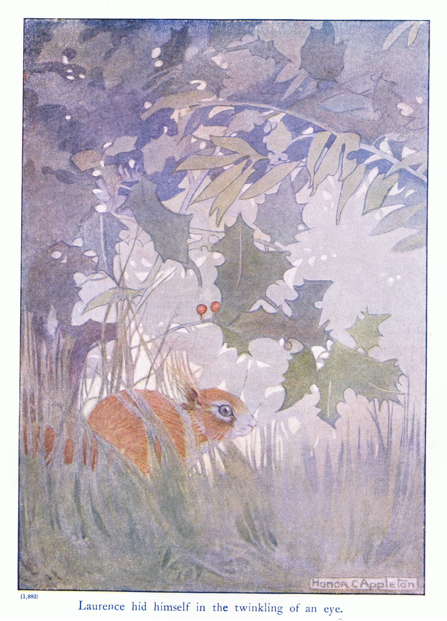 Laurence ukrył się w mgnieniu oka, ilustracja z „Więcej o wiewiórkach” Eleanor Tyrell, ok. 1915 (kolor litho) autorstwa Honor Charlotte Appleton