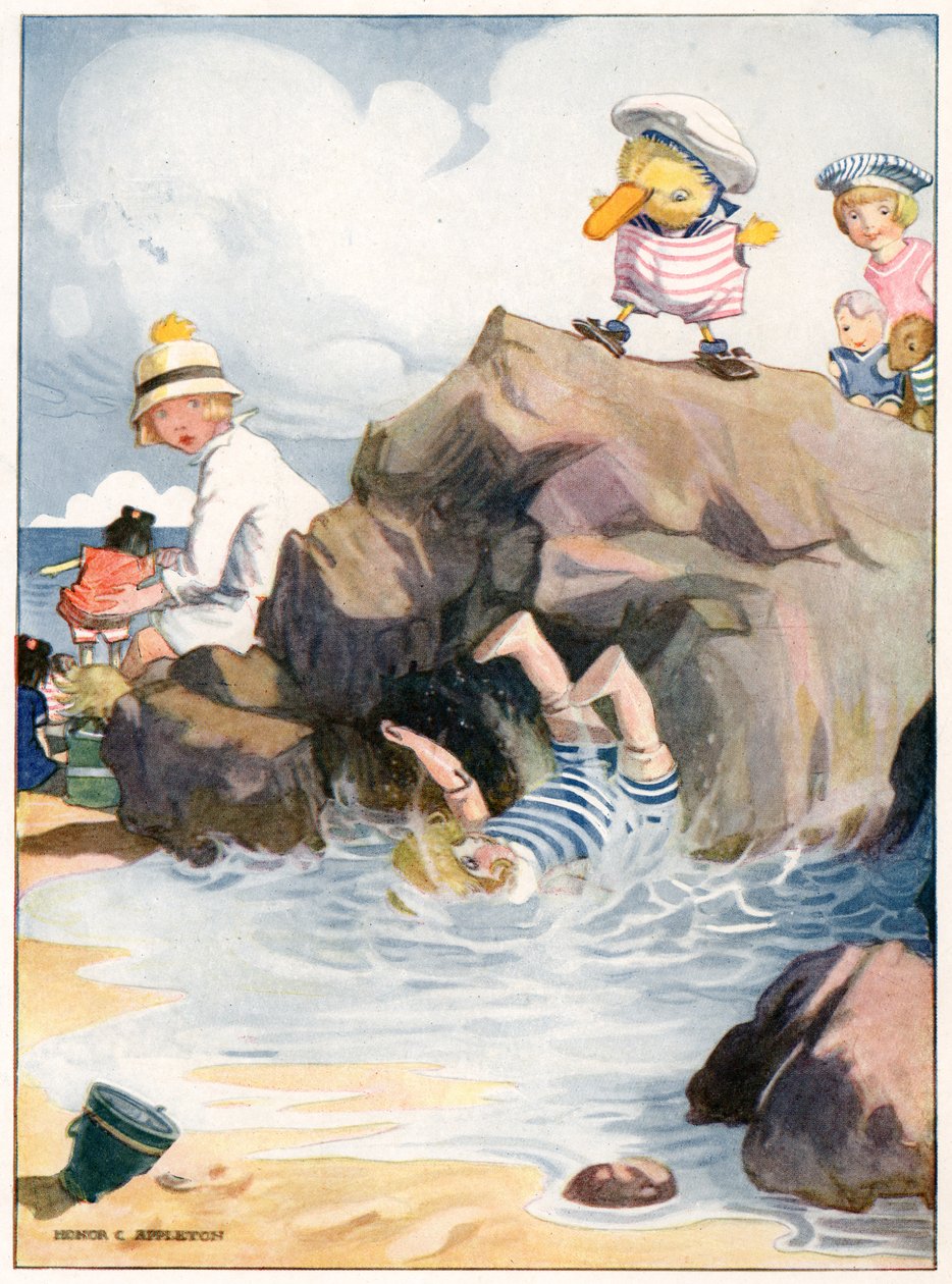 „Biedna Amy spadła pod morze”, ilustracja z „Josephine jest zajęta”, autorstwa H.C. Cradock, wyd. Blackie & Son, Ltd. (kolor lito) autorstwa Honor Charlotte Appleton