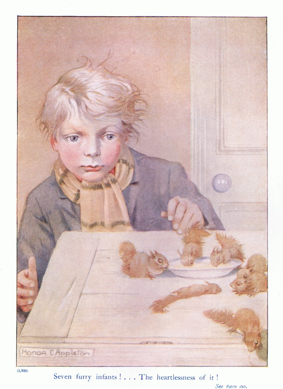 Siedem futrzastych niemowląt, ilustracja z „Więcej o wiewiórkach” Eleanor Tyrell, ok. 1915 (kolor litho) autorstwa Honor Charlotte Appleton