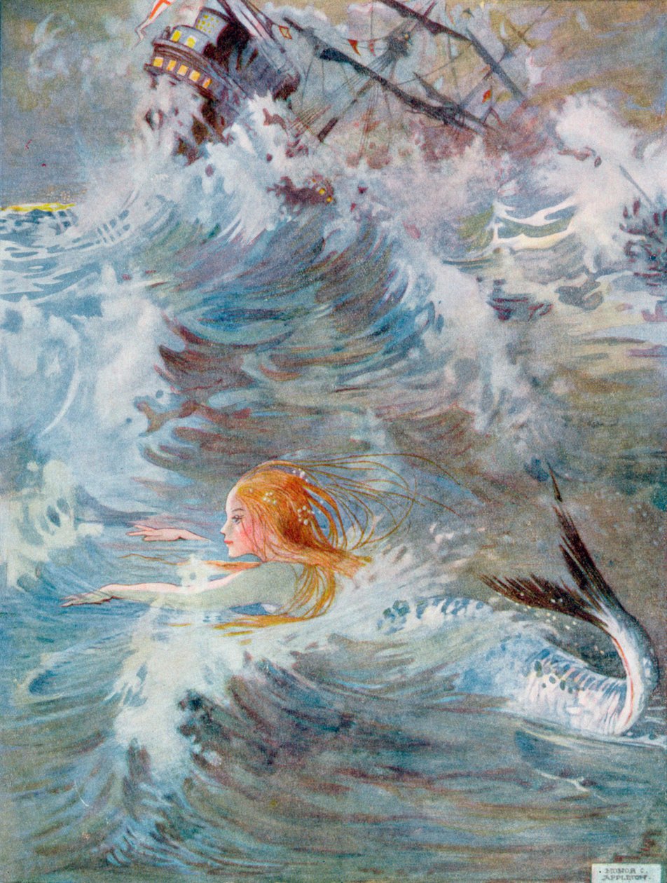 Zanurkowała głęboko pod wodę, znów wznosząc się między falami, z „Mała syrenka” w wydaniu „Bajek” Hansa Christiana Andersena (1805-75) 1920 (akwarela na papierze) autorstwa Honor Charlotte Appleton