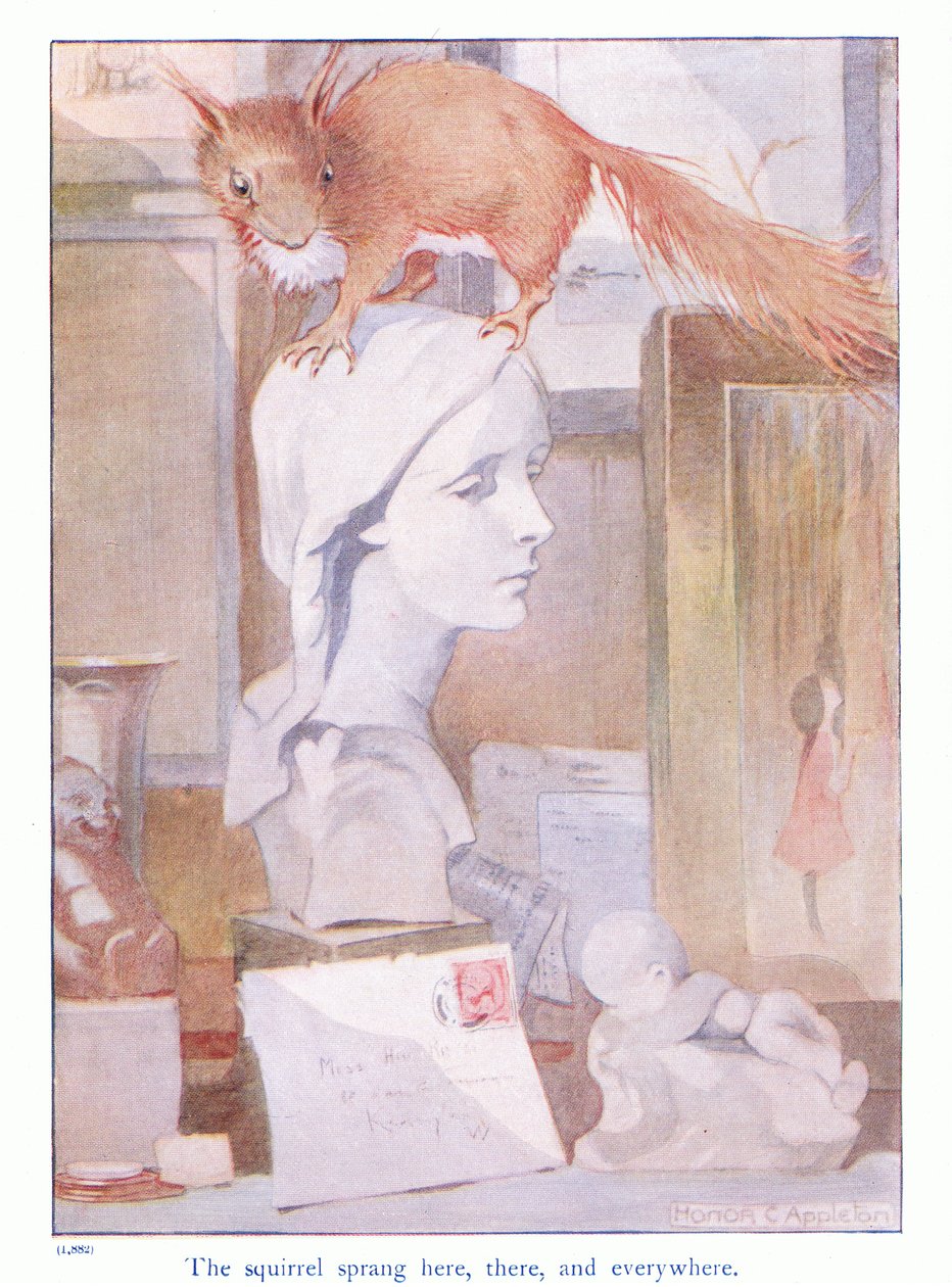Wiewiórka skakała tu, tam i wszędzie, ilustracja z „Więcej o wiewiórkach” Eleanor Tyrell, ok. 1915 (kolor litho) autorstwa Honor Charlotte Appleton