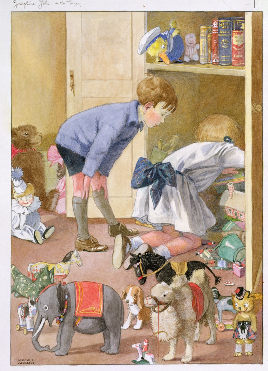 „Polowaliśmy w szafie i wreszcie go znalazłem”, ilustracja z „Josephine, John and the Puppy” pani H.C. Cradock, wyd. przez Blackie i Son autorstwa Honor Charlotte Appleton