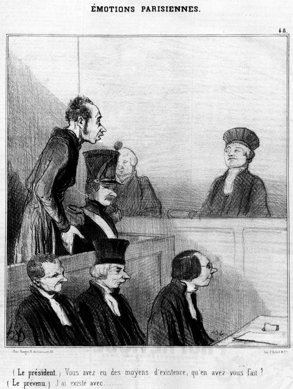 (Prezydent) Miałeś źródło utrzymania, co z nim zrobiłeś? (Oskarżony) Żyję z...,, cyklem karykatur o paryskich emocjach Honore Daumiera (1808-1879). „Charivari” autorstwa Honoré Daumier
