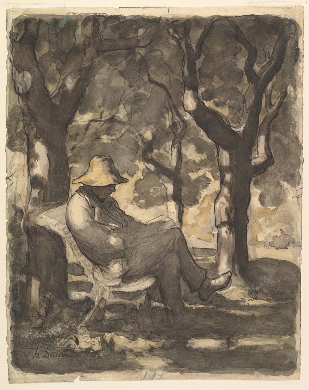 Mężczyzna czytający w ogrodzie prosto, Wstępny szkic do Mężczyzna czytającego w ogrodzie v..., ca. 1865. autorstwa Honoré Daumier
