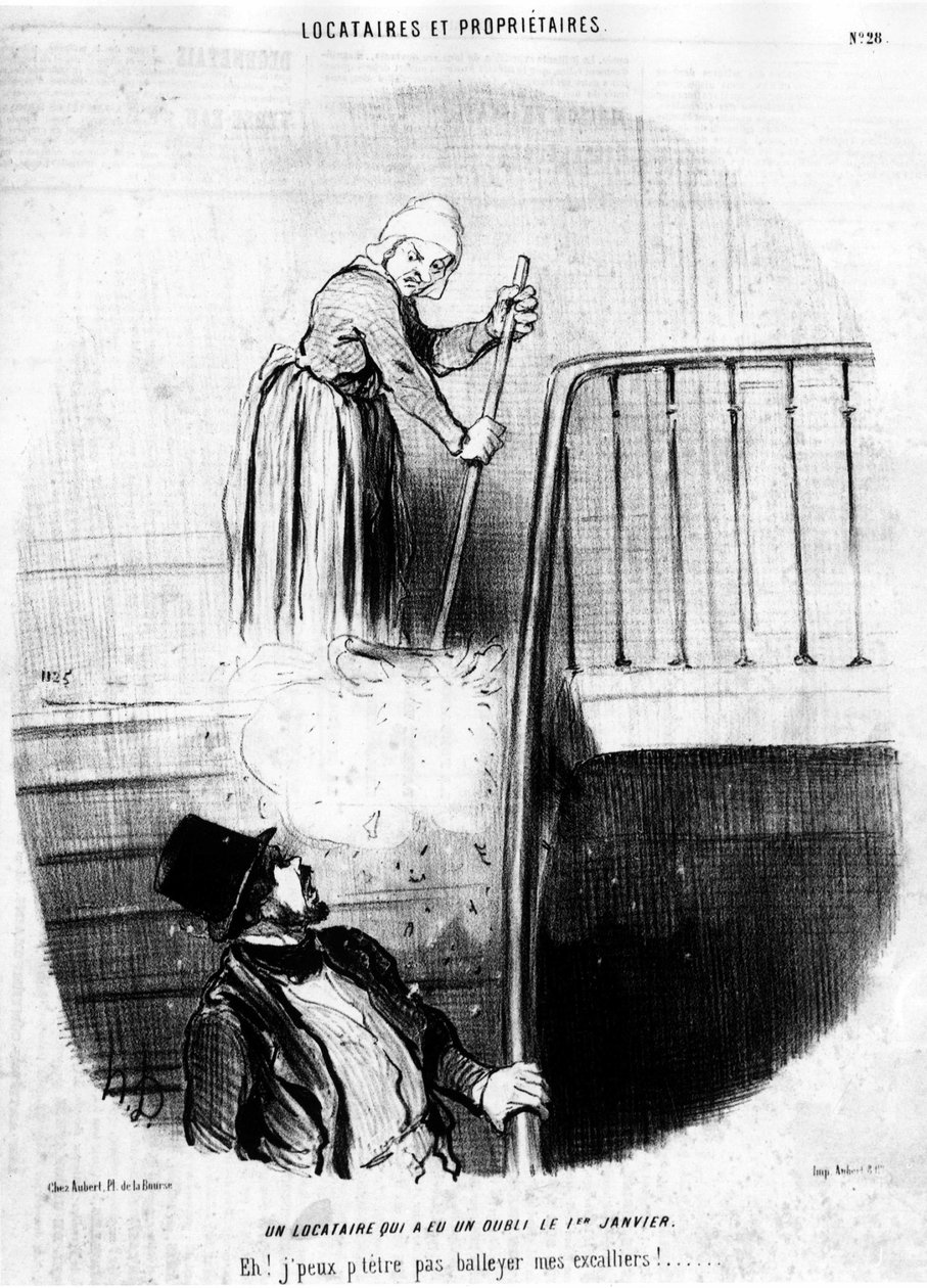 Lokator, który miał niepamięć 1 stycznia. Hej! Nie mogę rzucić moich pnączy! , zaczerpnięte z "Tenants et Owners", serii komiksów Honore Daumiera (1808-1879). "Charivari" autorstwa Honoré Daumier