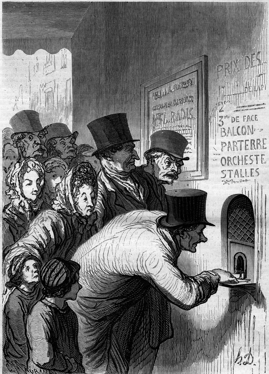 Okno teatralne. Karykatura Honore Daumiera (1808-1879). Grawer w „”Le Monde Illustré””n°269 z dnia 7 czerwca 1862 r. autorstwa Honoré Daumier