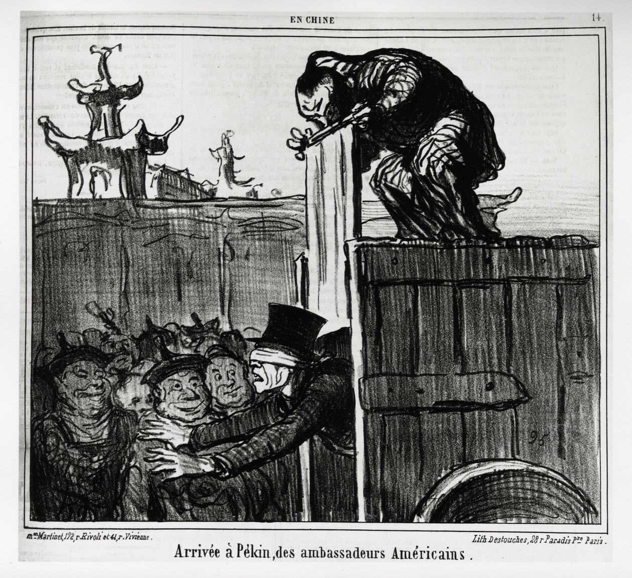 Przybył do Pekinu ambasadorów amerykańskich. In serie En Chine, ilustracja Honore Daumier (1808-1879), opublikowana w „Charivari” z 13 października 1859. autorstwa Honoré Daumier