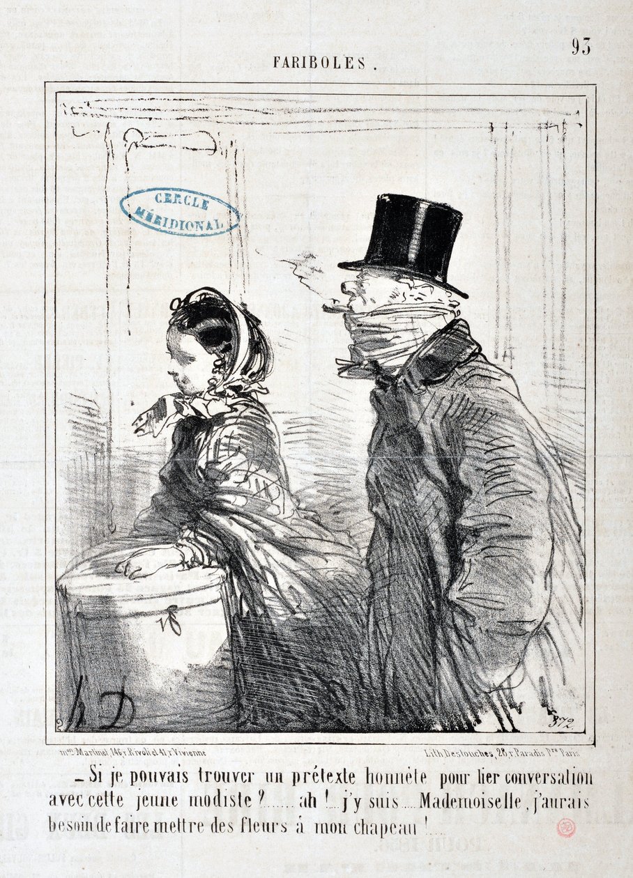 Grafika: Honore Daumier (1808-1879) Charivari: Serie FARIBOLES „” – Czy mógłbyś znaleźć uczciwy pretekst do nawiązania rozmowy z tą młodą modelką?... Ach! Jestem... panienko, muszę położyć kwiaty na kapeluszu!” MUZEUM SZTUK PIĘKNYCH - PAŁAC LONGCHAMP, MARS autorstwa Honoré Daumier