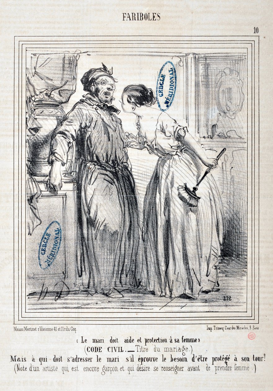 Grafika: Honore Daumier (1808-1879) Charivari: Serie FARIBOLES Le mari doit aide et protection a sa femme (kodeks cywilny – tytuł du mariage) „” – Ale kto musi zwracać się do męża, jeśli czuje potrzebę ochrony z kolei? (Uwaga artysty, który nadal jest autorstwa Honoré Daumier