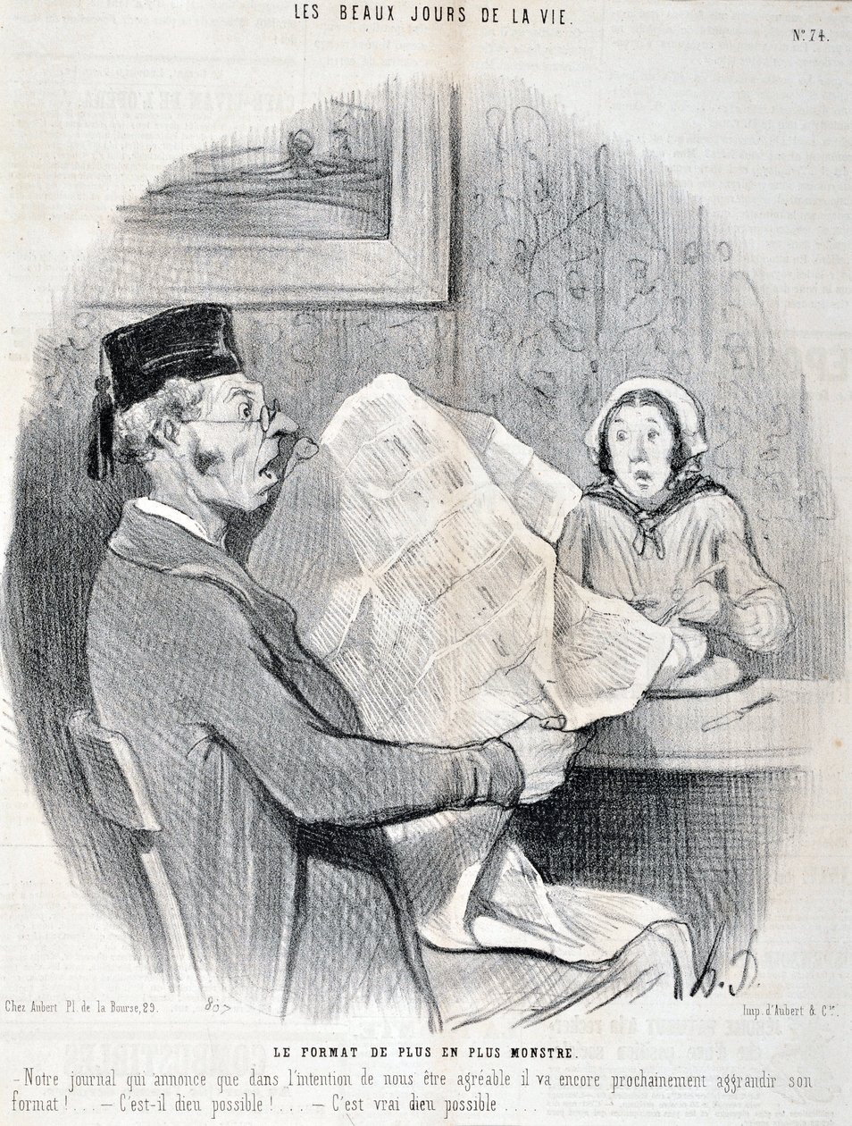 Grafika: Honore Daumier (1808-1879). Charivari: Seria DNI PIĘKNA ŻYCIA. Coraz bardziej potworny format „” -Nasza gazeta, która zapowiada, że aby być dla Ciebie zgodną, wkrótce jeszcze bardziej zwiększy swój format! czy to możliwe, boże? MUZEUM DES B autorstwa Honoré Daumier