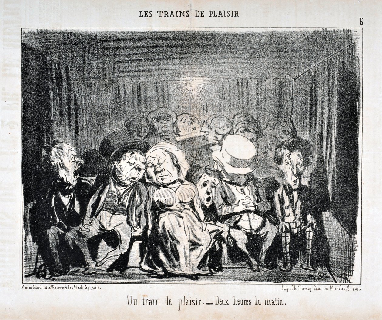 Grafika Honore Daumiera (1808-1879) Charivari pochodzi z 1852 roku: Serie LES TRAINS DE PLAISIR - Pociąg przyjemności. - Druga w nocy. MUZEUM SZTUK PIĘKNYCH - PAŁAC LONGCHAMP, MARSEILLE autorstwa Honoré Daumier