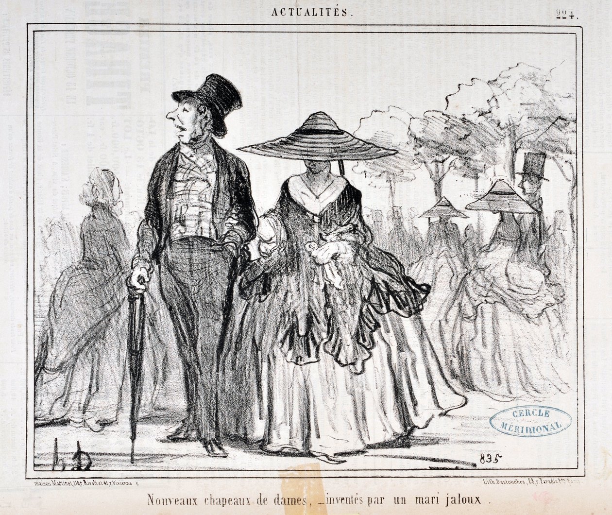 Grafika: Honore Daumier (1808-1879) Charivari data z 1855: Serie Actualites „” Nowe damskie kapelusze, wymyślone przez zazdrosnego męża ”” MUSEE DES BEAUX ARTS - PALAIS LONGCHAMP, MARSEILLE autorstwa Honoré Daumier