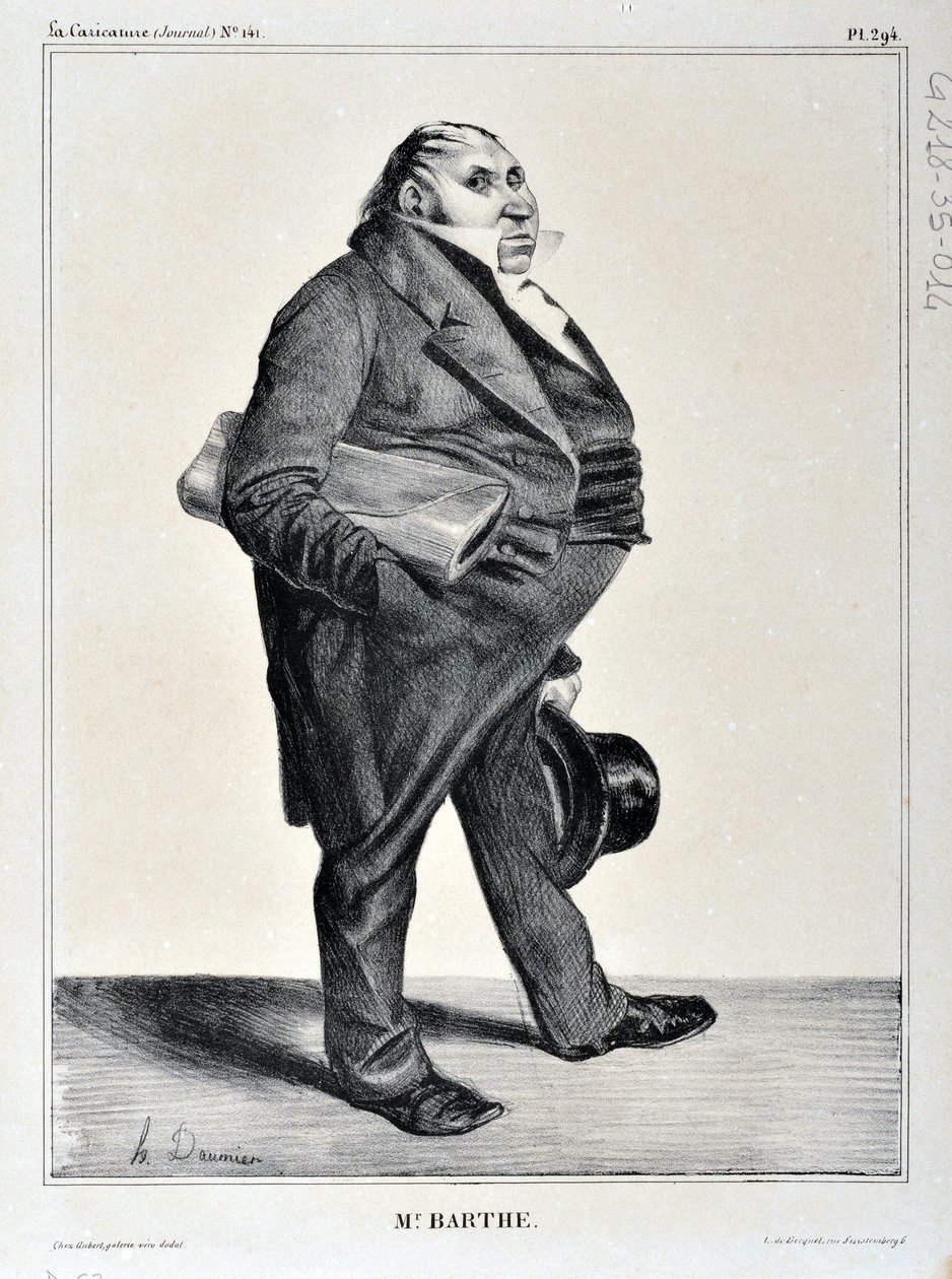 Grafika: Honore Daumier (1808-1879). Charivari pochodzi z 1833 roku: Serie Celebrites de la Caricature „”M. Barthe””MUZEUM SZTUK PIĘKNYCH – PALAIS LONGCHAMP, MARSEILLE autorstwa Honoré Daumier