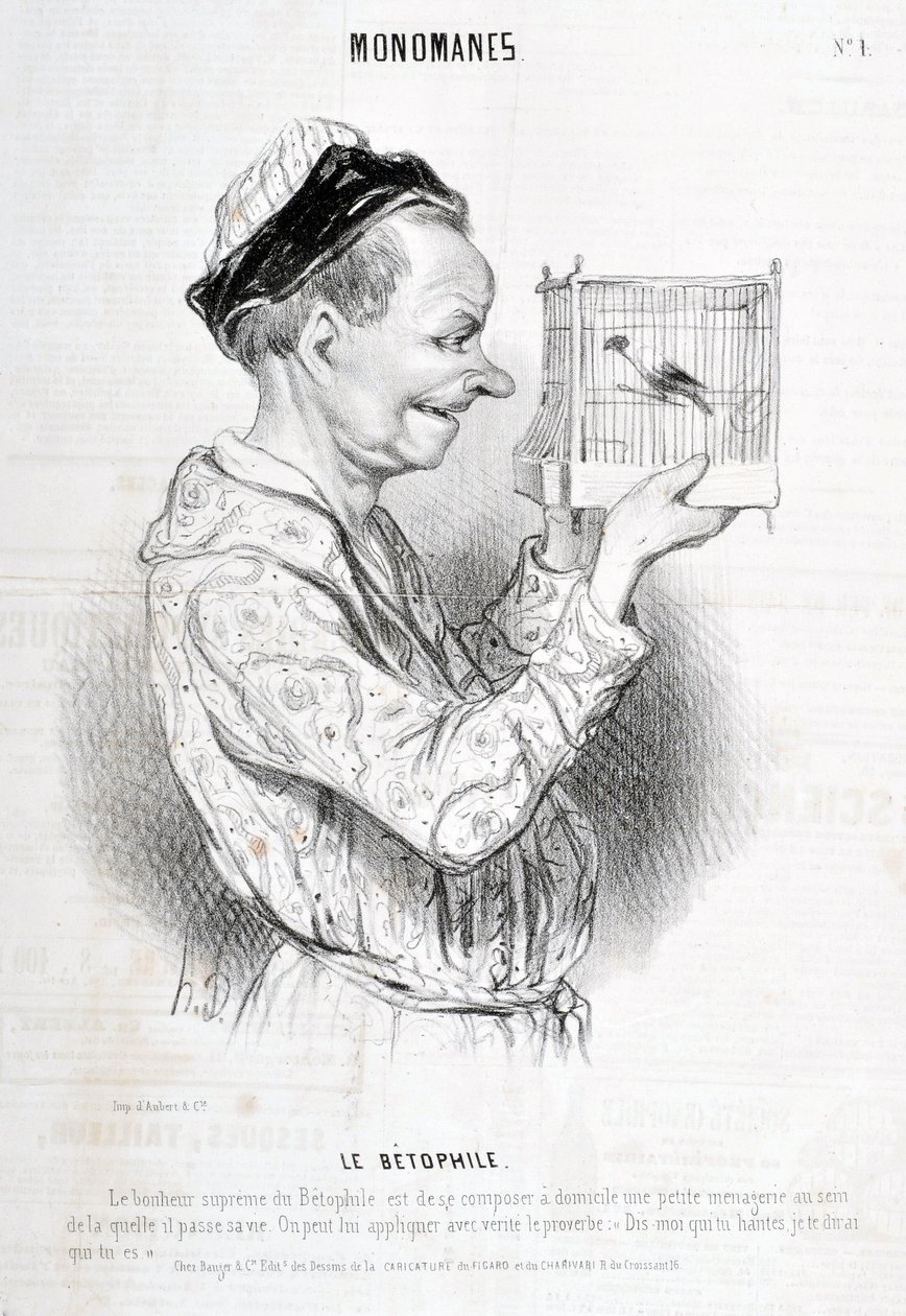 Dzieło sztuki Honore Daumier (1808-1879) Charivari pochodzi z 1840 roku: Serie MONOMANES Le Betophile "Najwyższym szczęściem Betophile