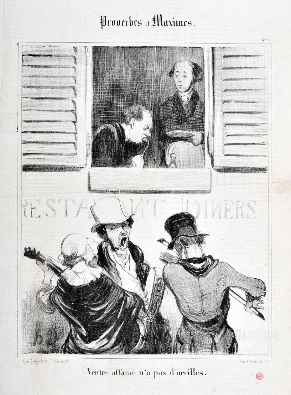 Grafika: Honore Daumier (1808-1879). Charivari pochodzi z 1840 roku: Serie PROVERBS ET MAXIMES „” Głód brzucha nie ma uszu ”” ”MUSEE DES BEAUX ARTS – PALAIS LONGCHAMP, MARSEILLE autorstwa Honoré Daumier