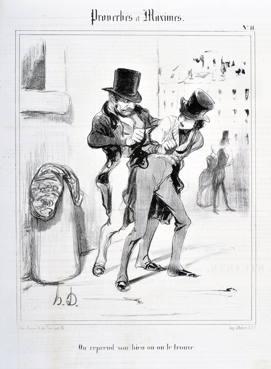 Grafika: Honore Daumier (1808-1879). Charivari pochodzi z 1840 roku: Serie PROVERBES ET MAXIMES „” Wznawiamy naszą własność lub ją znajdujemy ”” ”MUSEE DES BEAUX ARTS - PALAIS LONGCHAMP, MARSEILLE autorstwa Honoré Daumier