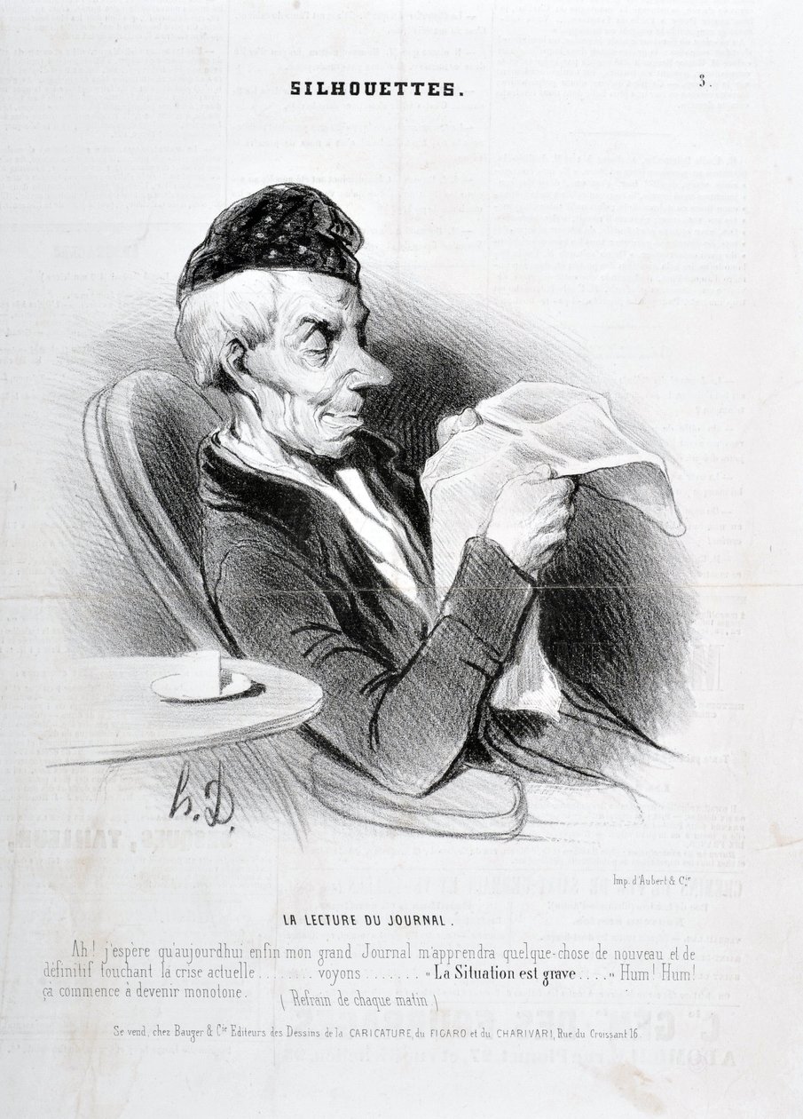 Grafika: Honore Daumier (1808-1879). Charivari pochodzi z 1840 roku: seria SOUXETTES „” Czytanie gazety „” MUSEE DES BEAUX ARTS - PALAIS LONGCHAM autorstwa Honoré Daumier