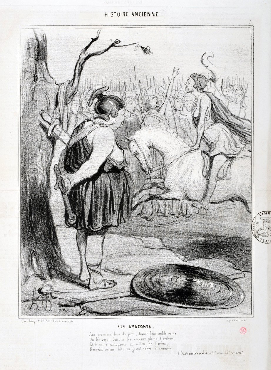 Grafika autorstwa Honore Daumier (1808-1879) Charivari pochodzi z 1842 roku: Serie HISTORIE ANCIE Les Amazones. „” Podczas pierwszego pożaru tego dnia, przed ich szlachetną królową, widziano ich, jak oswajają pełne zapału konie. A młody zwycięzca na środku autorstwa Honoré Daumier