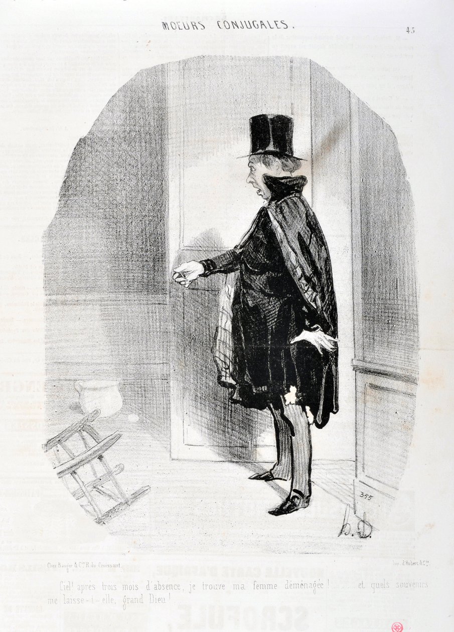 Grafika: Honore Daumier (1808-1879). Charivari pochodzi z 1842 roku: Serie MORES CONJUALES „”Niebo po trzech miesiącach nieobecności znajduję demenagenę mojej żony i jakie wspomnienia obmywam jej wielkim Bogiem! „” MUZEUM SZTUK PIĘKNYCH – PAŁAC LONGCHAMP,  autorstwa Honoré Daumier