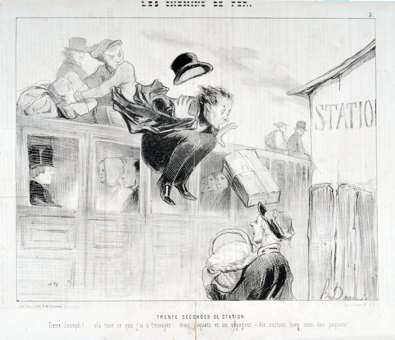 Grafika: Honore Daumier (1808-1879). Charivari pochodzi z 1843 roku: Serie LES Chemins de fer Trzydzieści sekund stacji „” -Tiens Joseph! vla wszystko co mam do wysłania... trzy paczki i podróżnik - Przede wszystkim dbałość o paczki”” MUSEE DES BEAUX ART autorstwa Honoré Daumier
