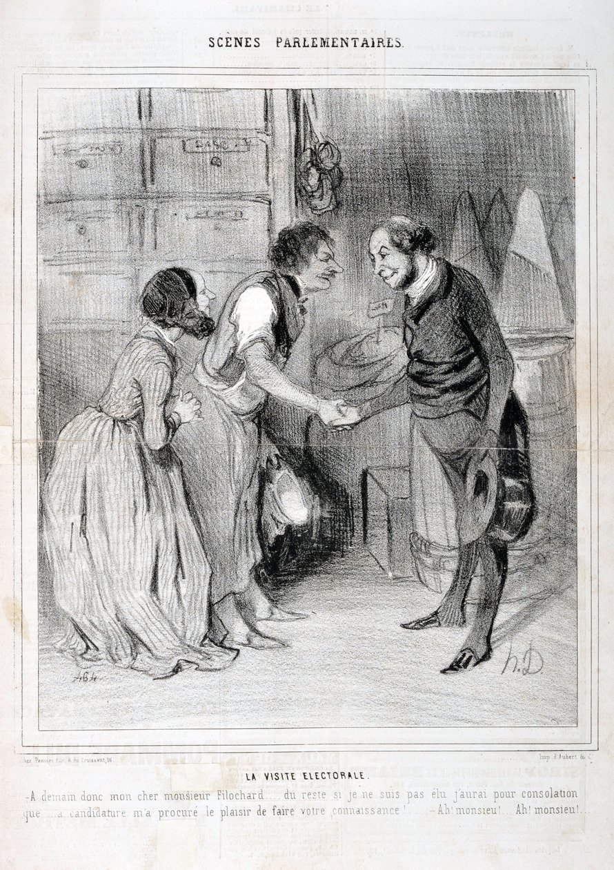Grafika: Honore Daumier (1808-1879). Charivari pochodzi z 1843 roku: Seria SCENY PARLAMENTARNE. Wizyta wyborcza. MUZEUM SZTUK PIĘKNYCH - PAŁAC LONGCHAMP, MARSEILLE autorstwa Honoré Daumier