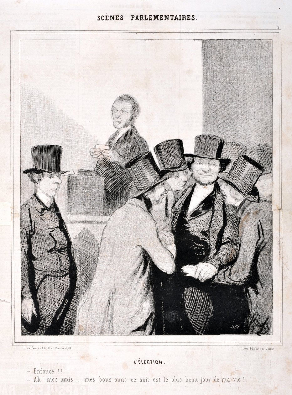 Grafika: Honore Daumier (1808-1879). Charivari pochodzi z 1843 roku: Seria SCENY PARLAMENTARNE. Wybory „Płyń!!! „Ach, moi przyjaciele, moi dobrzy przyjaciele, dzisiejszy wieczór to najważniejszy dzień w moim życiu!” MUZEUM SZTUK PIĘKNYCH - PAŁAC LONGCHAMP, autorstwa Honoré Daumier