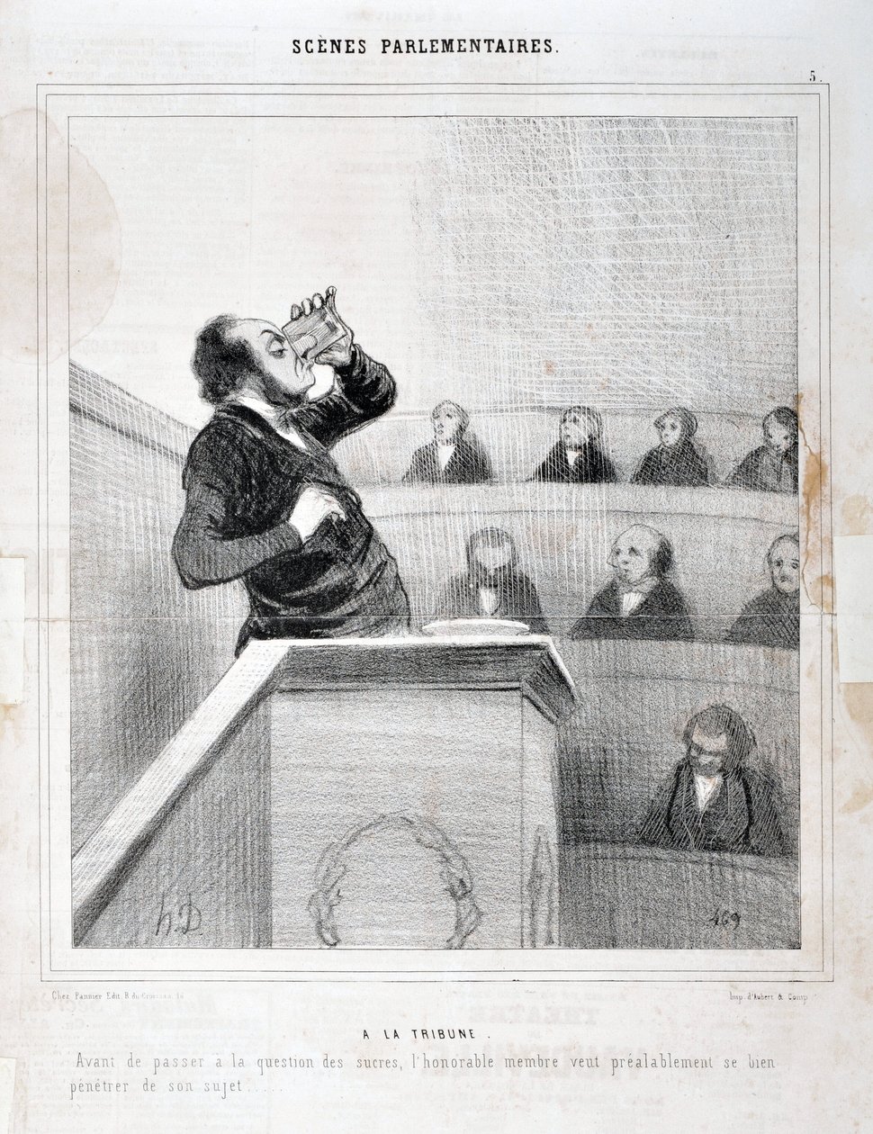 Grafika: Honore Daumier (1808-1879). Charivari pochodzi z 1843 roku: Serie SCENY PARLAMENTARNE. W galerii - Zanim przejdziemy do kwestii cukrów, hon. członek chce dobrze myśleć o swoim temacie”” MUZEE DES BEAUX ARTS - PALAIS LONGCHAMP, MARS autorstwa Honoré Daumier
