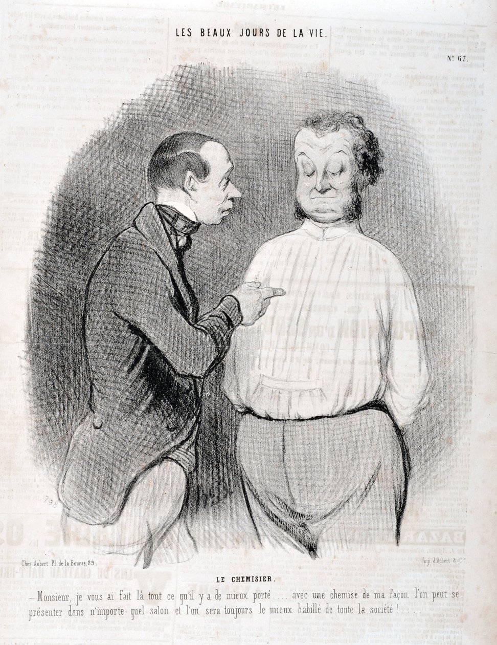 Grafika: Honore Daumier (1808-1879). Charivari pochodzi z 1845 roku: Serie LES BEAUX DAYS DE LA VIE. Bluzka „” -Proszę Pana, uszyła Cię najlepiej... z koszulą na swój sposób możesz zaprezentować się w każdym salonie i zawsze będziemy najlepiej ubrani i autorstwa Honoré Daumier