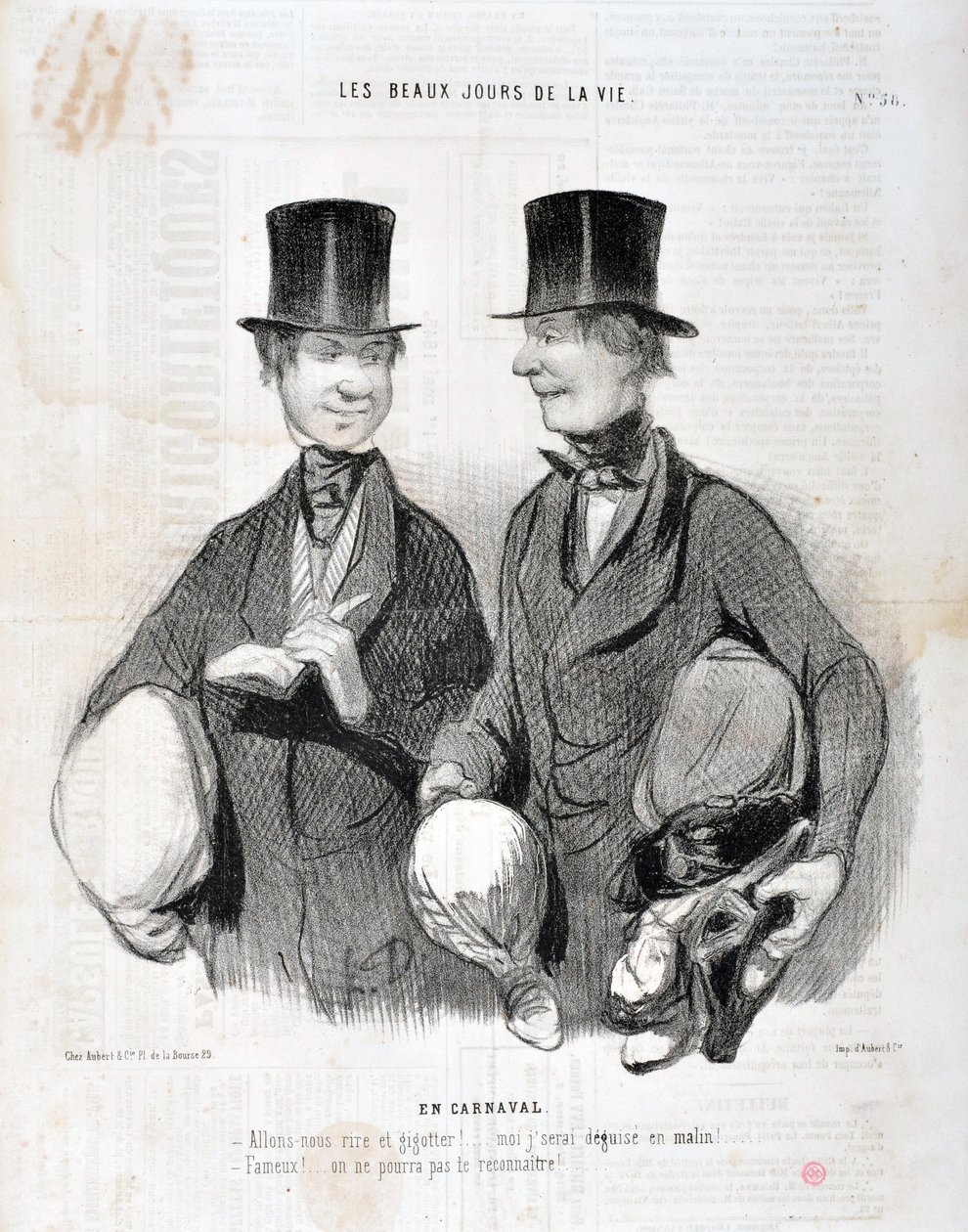 Grafika: Honore Daumier (1808-1879). Charivari pochodzi z 1845 roku: Serie LES BEAUX DAYS DE LA VIE. W Karnawale „” – Śmiejmy się i śmiejmy! Będę rozczarowany, jak sprytny! Słynny! Nie możemy Cię rozpoznać...” MUZEUM SZTUK PIĘKNYCH - PAŁAC LONGCHAMP, MARSE autorstwa Honoré Daumier