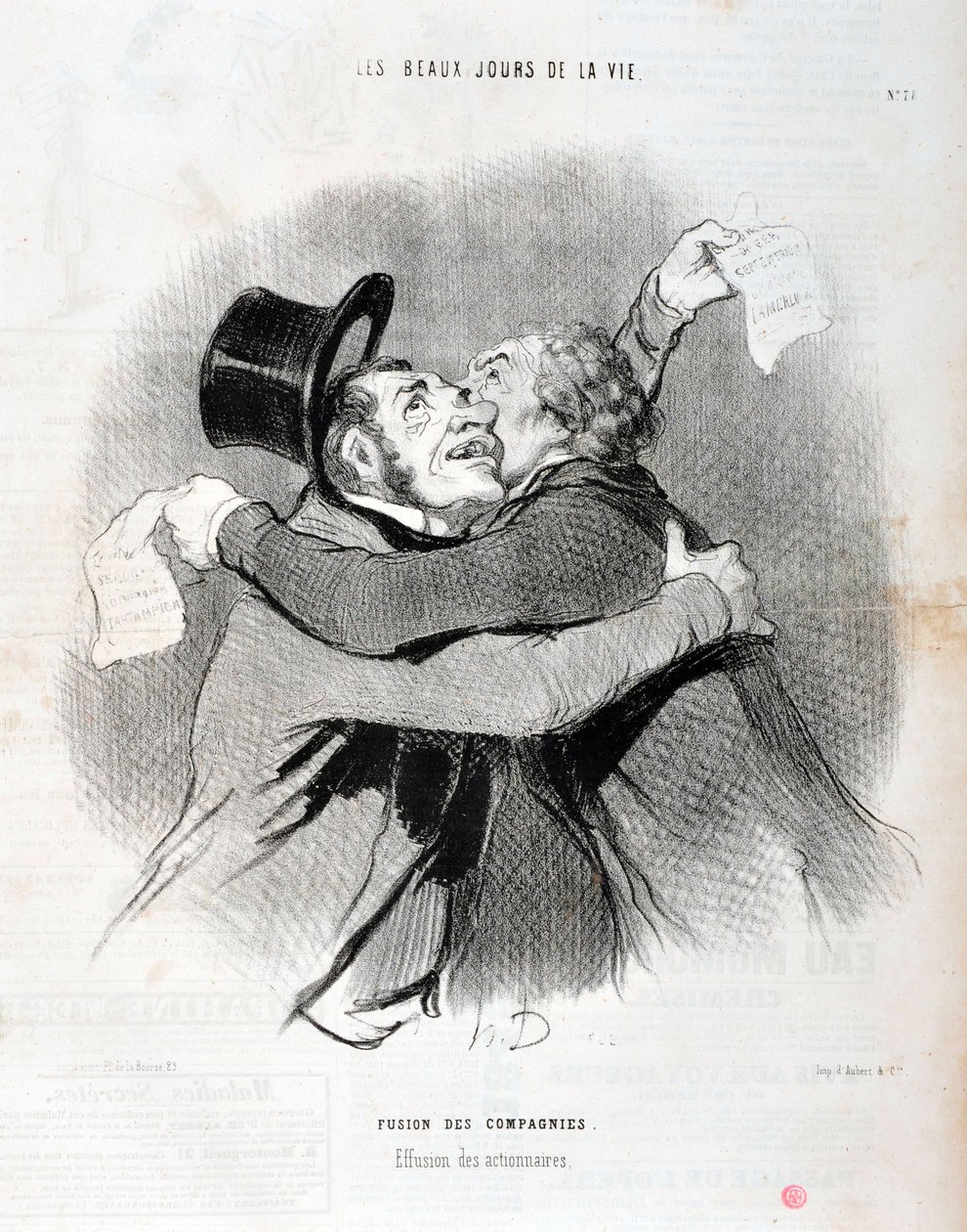 Grafika: Honore Daumier (1808-1879). Charivari pochodzi z 1845 roku: Serie LES BEAUX DAYS DE LA VIE. Połączenie spółek - Upadek wspólników. MUZEUM SZTUK PIĘKNYCH - PAŁAC LONGCHAMP, MARSEILLE autorstwa Honoré Daumier
