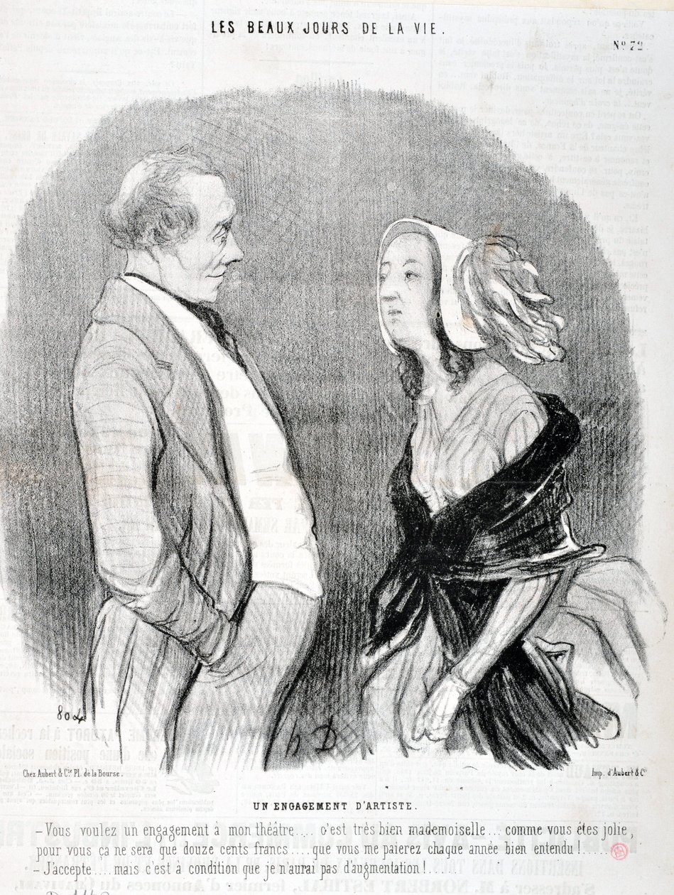 Dzieło sztuki autorstwa Honore Daumier (1808-1879). Charivari pochodzi z 1845 roku: Serie LES BEAUX DAYS DE LA VIE. Zaangażowanie artysty "Chce pan zaangażowania do mojego teatru... to bardzo dobrze panienko... jak pani jest ładna dla pani to będzie tylko  autorstwa Honoré Daumier