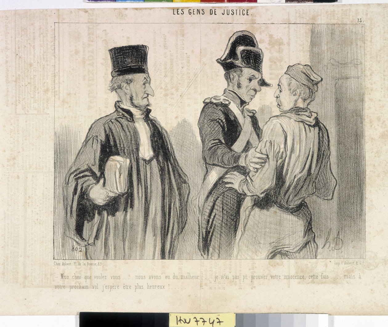 Grafika: Honore Daumier (1808-1879). Charivari pochodzi z 1845 roku: Serie LES PEANS DE SPRAWIEDLIWOŚCI. „” -Moja droga, czego chcesz… mieliśmy nieszczęście… tym razem nie mogłem udowodnić twojej niewinności… ale przy następnym locie mam nadzieję, że będę  autorstwa Honoré Daumier