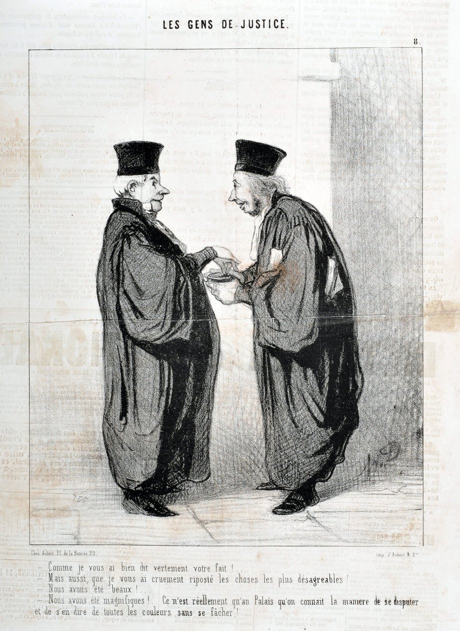 Grafika: Honore Daumier (1808-1879). Charivari pochodzi z 1845 roku: Serie LES PEOPLES DE SPRAWIEDLIWOŚĆ „” -Tak jak ci powiedziałem, to naprawdę twój fakt! Byliśmy piękni. Byliśmy piękni!... tak naprawdę dopiero w Palais znamy sposób kłócenia się i mówien autorstwa Honoré Daumier