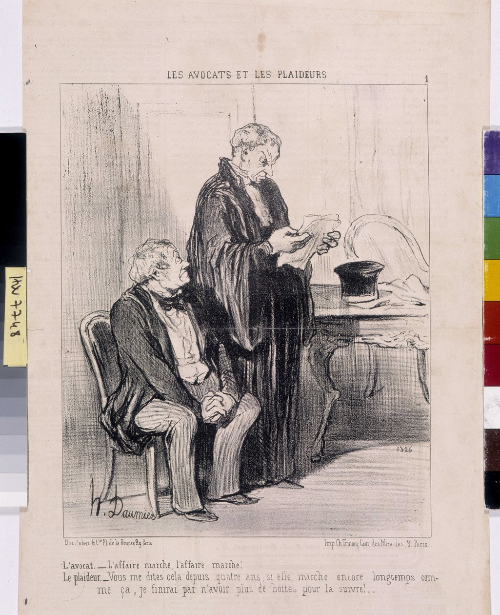 Grafika: Honore Daumier (1808-1879). Charivari pochodzi z 1851 roku: Serie LES Avocats et les litigants. „Prawnik – sprawa działa, sprawa działa! Prawnik – mówiłeś mi to od czterech lat, jeśli nadal chodzi tak długo, że w końcu będę miała mnie autorstwa Honoré Daumier