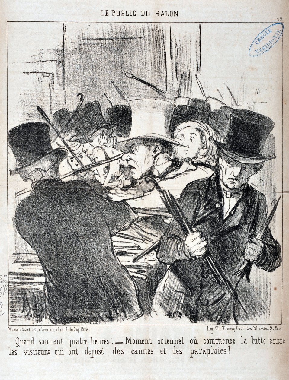 Grafika: Honore Daumier (1808-1879). Charivari pochodzi z 1852 roku: Serie LE PUBLIC DU SALON - „” Kiedy brzmią cztery godziny.- uroczysty moment lub zaczyna się walka między zwiedzającymi, którzy złożyli laski i parasole”” MUZEE DES BEAUX ARTS - PALAIS LO autorstwa Honoré Daumier