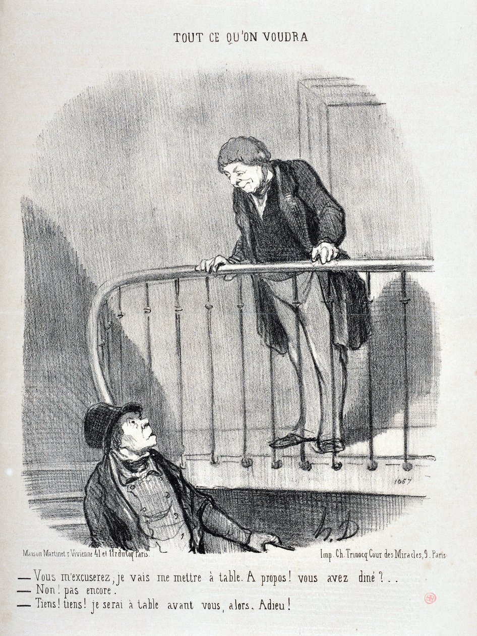 Grafika: Honore Daumier (1808-1879). Charivari pochodzi z 1853 roku: Serie WSZYSTKO CO BĘDZIESZ „Przepraszam, usiądę przy stole. O tym! Zjadłeś obiad? - Nie, jeszcze nie. „No cóż, będę przy stole przed tobą””” MUSEE DES BEAUTS ARTS - PALAIS L autorstwa Honoré Daumier