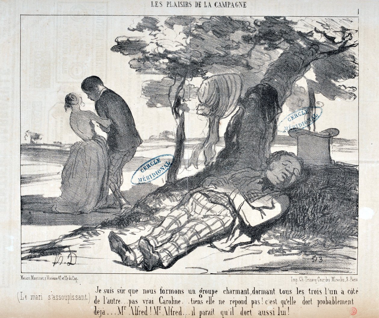 Grafika: Honore Daumier (1808-1879) Charivari pochodzi z 1853 roku: Serie LES PLAISIRS DE LA CAMPAGNE „” Jestem pewien, że tworzymy czarującą grupę, wszystkie trzy jedna na drugą… nie prawdziwa Caroline… rób nie odpowiadać! Pewnie już śpi autorstwa Honoré Daumier