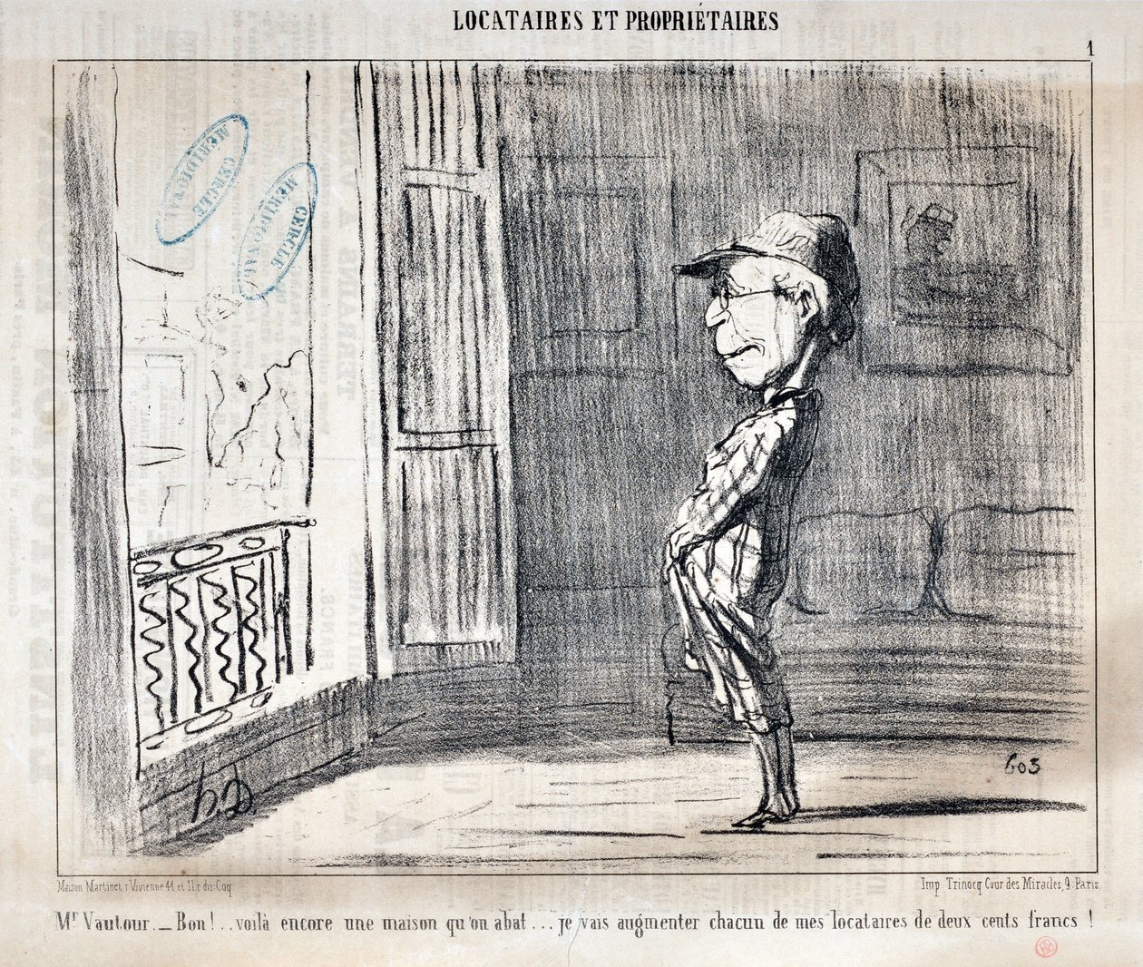 Grafika: Honore Daumier (1808-1879) Charivari pochodzi z 1854 roku: Serie TENNIQUES ET OWNIRES „” Mr Vautour - Bon!... To kolejny rozwalany dom... Każdego z moich lokatorów powiększę o dwieście franków! ” MUZEUM SZTUK PIĘKNYCH - PAŁAC LONGCHAMP, autorstwa Honoré Daumier