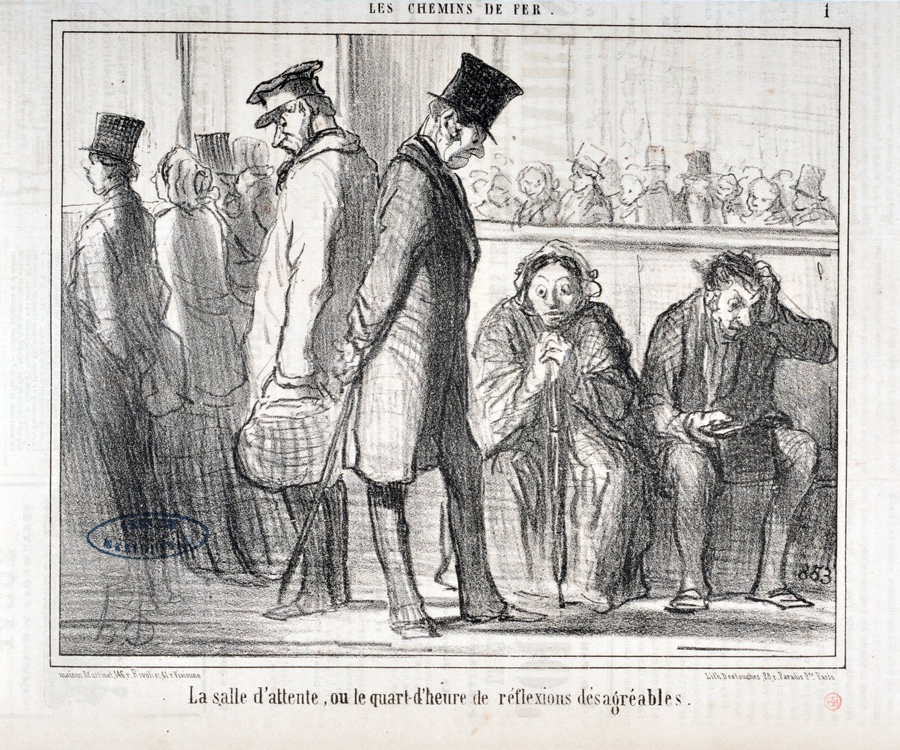 Grafika: Honore Daumier (1808-1879). Charivari pochodzi z 1855 roku: Serie LES Chemins de fer „”Poczekalnia lub kwadrans nieprzyjemnych refleksji”””MUSEE DES BEAUX ARTS – PALAIS LONGCHAMP, MARSEILLE autorstwa Honoré Daumier