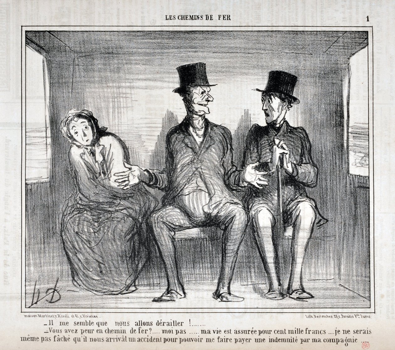 Grafika: Honore Daumier (1808-1879). Charivari pochodzi z 1857 roku: Serie LES RAILWAYS „” Wydaje mi się, że się wykoleimy!... Boisz się na kolei?... ja nie... moje życie jest ubezpieczone na sto tysięcy franków... nie chcę się nawet martwić autorstwa Honoré Daumier