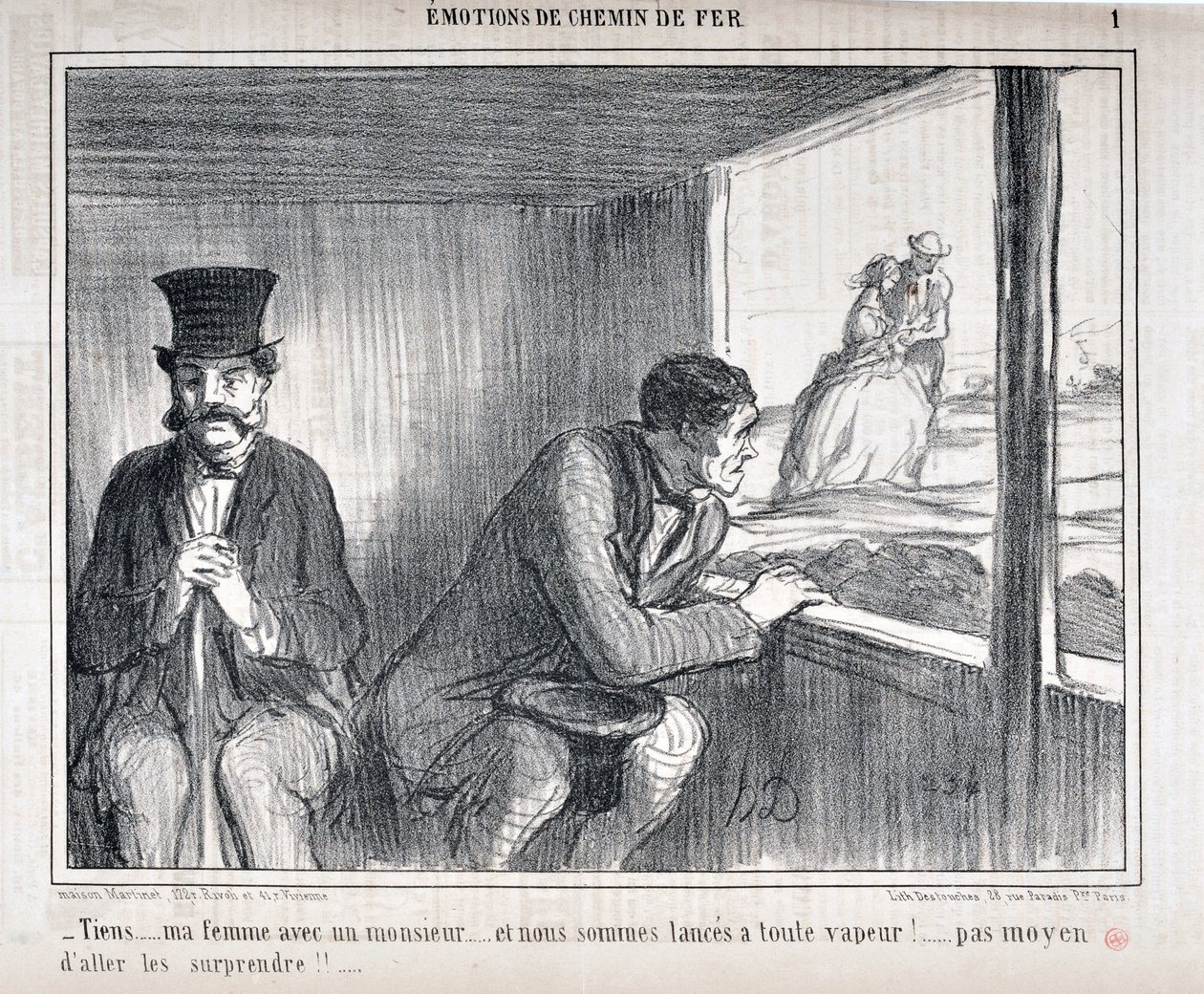 Grafika Honore Daumiera (1808-1879) Charivari pochodzi z 1858 roku: Serie EMOTIONS EN Chemin de fer - „Tutaj... moja żona z dżentelmenem... i idziemy pełną parą!... nie ma mowy o zaskoczeniu im!!...” MUZEUM SZTUK PIĘKNYCH - PAŁAC LONGCHAMP, MARZEC autorstwa Honoré Daumier