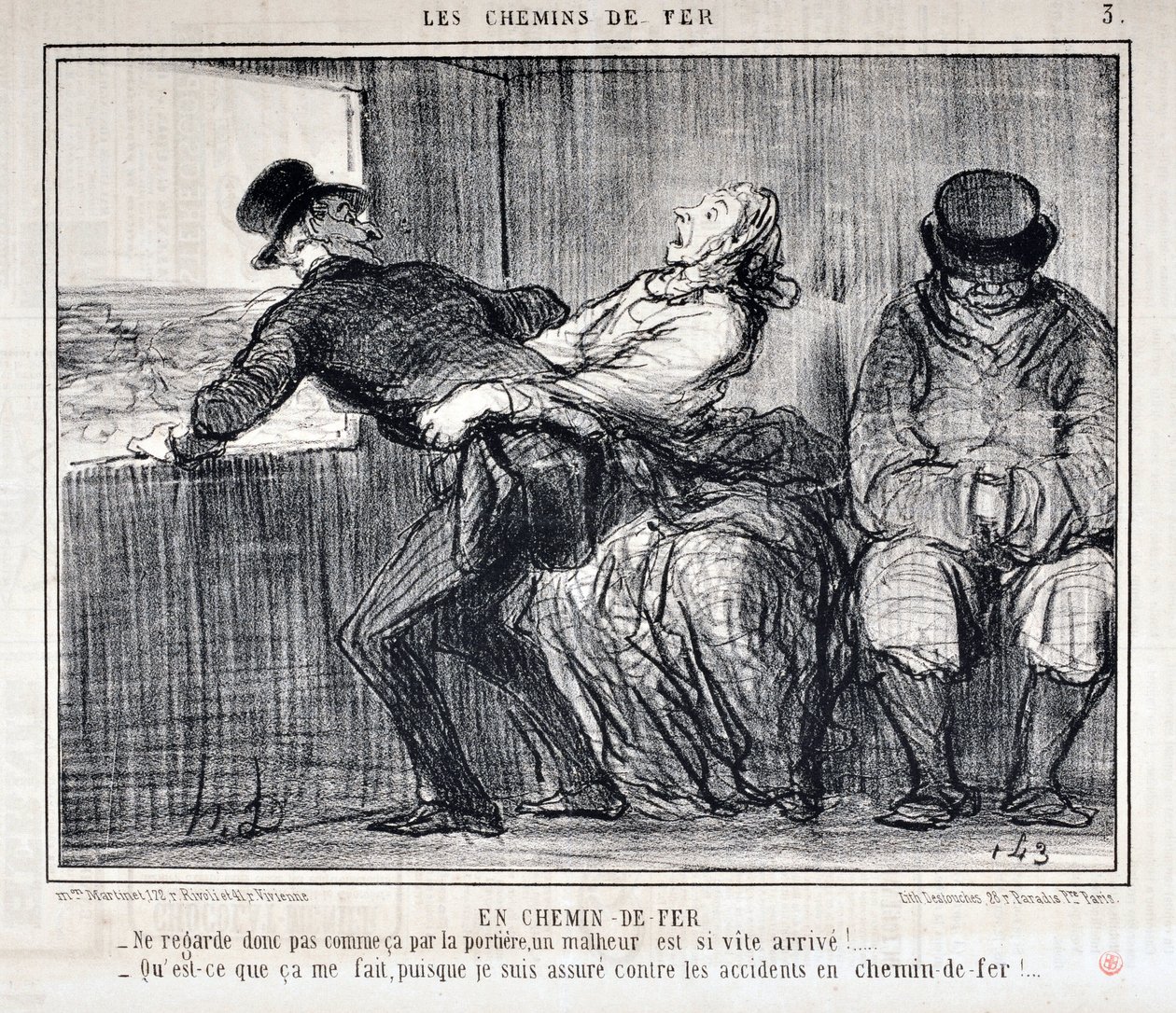 Grafika: Honore Daumier (1808-1879). Charivari pochodzi z 1858 roku: Serie LES RAILWAYS By Railroad „” -Więc nie patrz tak przez drzwi, nieszczęście nadchodzi tak szybko!... „Co mnie to obchodzi, skoro jestem ubezpieczony od wypadków na kolej autorstwa Honoré Daumier
