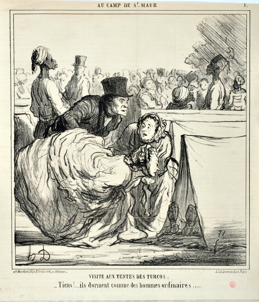 Grafika: Honore Daumier (1808-1879) Charivari pochodzi z 1859 roku: Serie AU CAMP DE SAINT MAUR Wizyta w namiotach turcos. „” -Tu!... śpią jak zwykli ludzie...” MUZEUM SZTUK PIĘKNYCH - PAŁAC LONGCHAMP, MARSEILLE autorstwa Honoré Daumier
