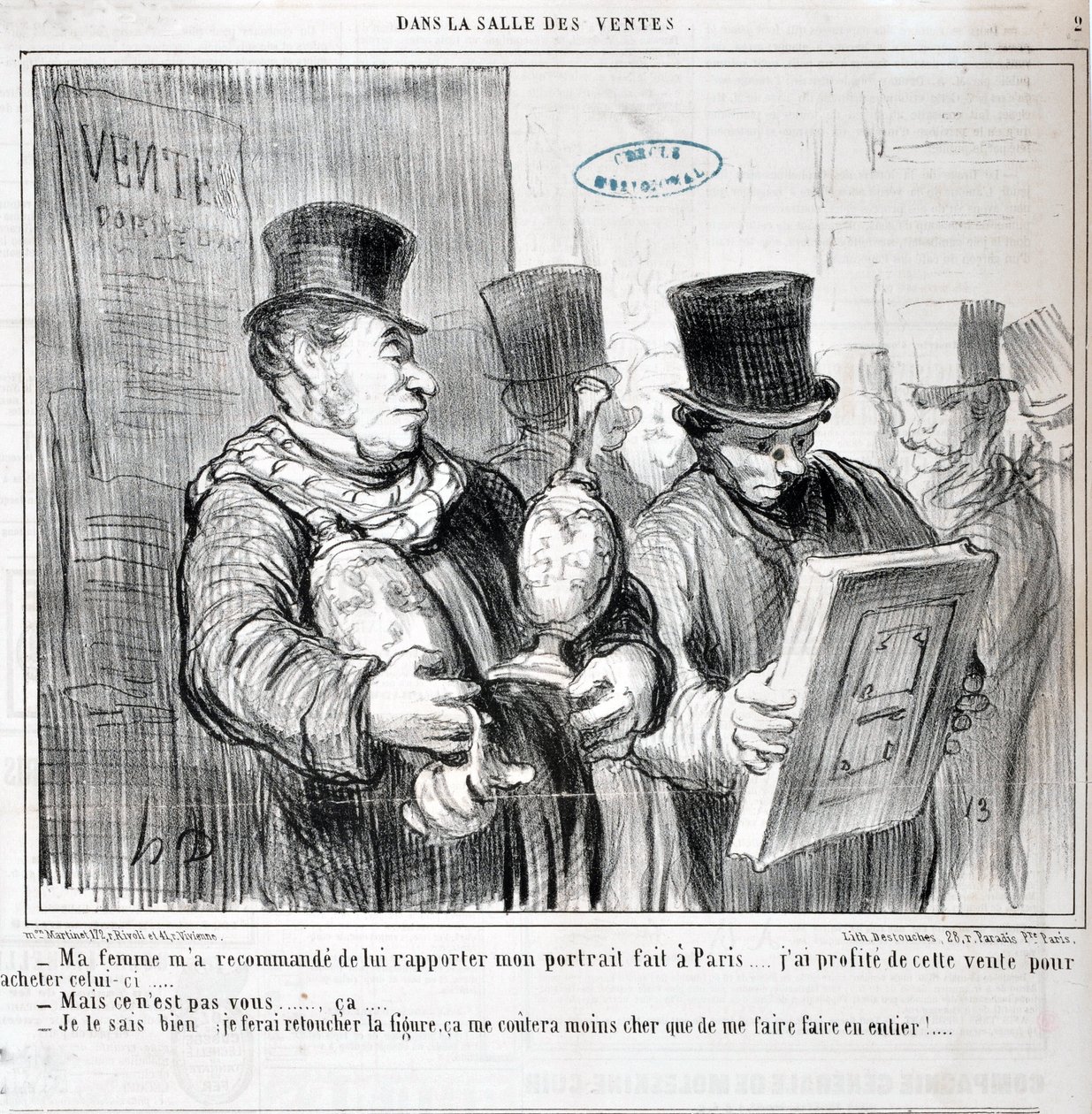 Grafika: Honore Daumier (1808-1879). Charivari pochodzi z 1859 roku: Serie W SPRZEDAŻY „” - Żona poleciła mi przywieźć jej portret zrobiony w Paryżu... Skorzystałem z tej wyprzedaży, żeby kupić ten... -Ale to nie ty... ca. .. - wiem o tym, zrobię t autorstwa Honoré Daumier