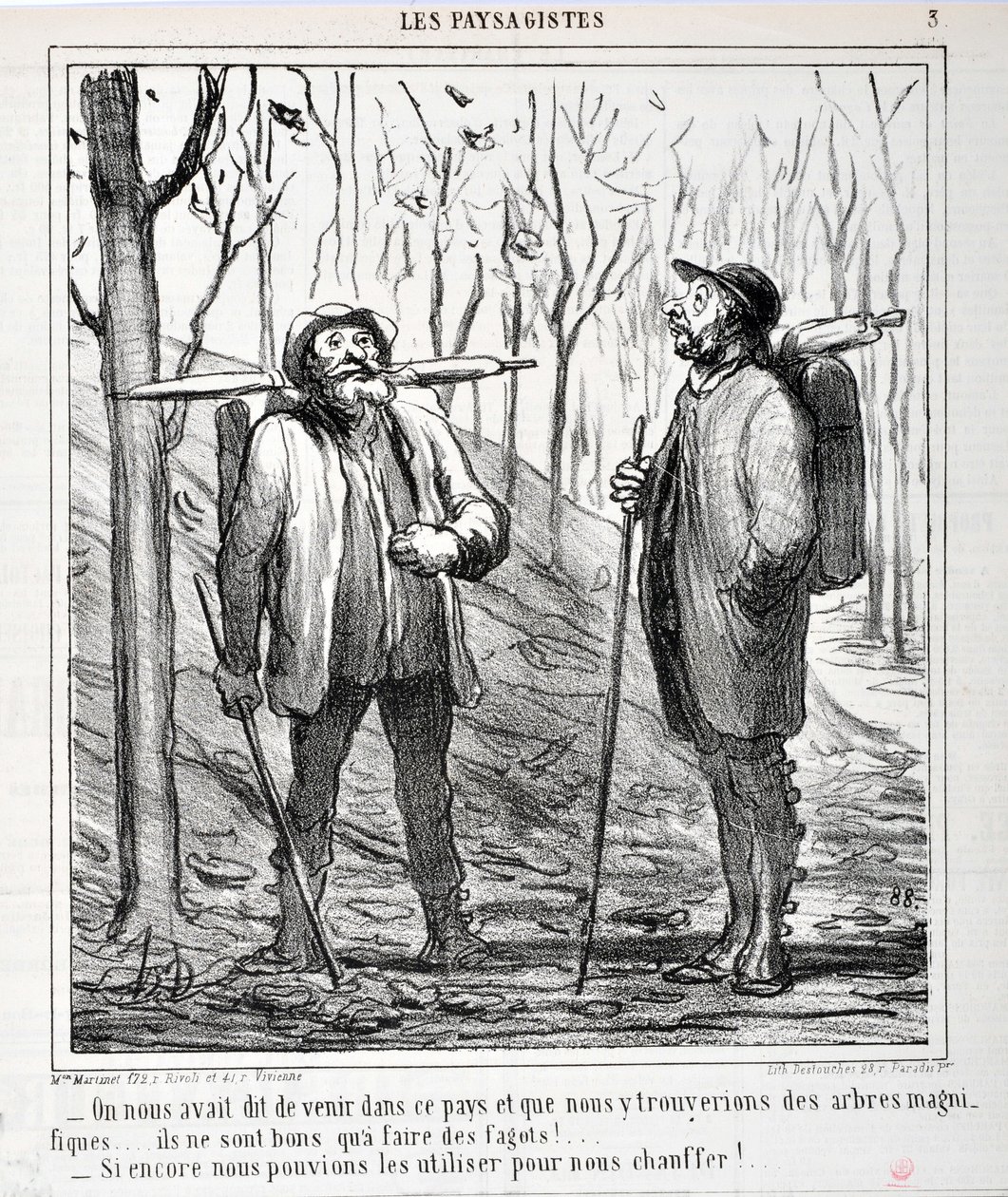 Grafika: Honore Daumier (1808-1879). Charivari pochodzi z 1864 r.: Serie LES LANDSAGISTS „” – Powiedziano nam, żebyśmy przyjechali do tego kraju i że znajdziemy piękne drzewa… są dobre do robienia pedałów!… „Gdybyśmy mogli ich użyć do ogrzania nas!. ..” MU autorstwa Honoré Daumier