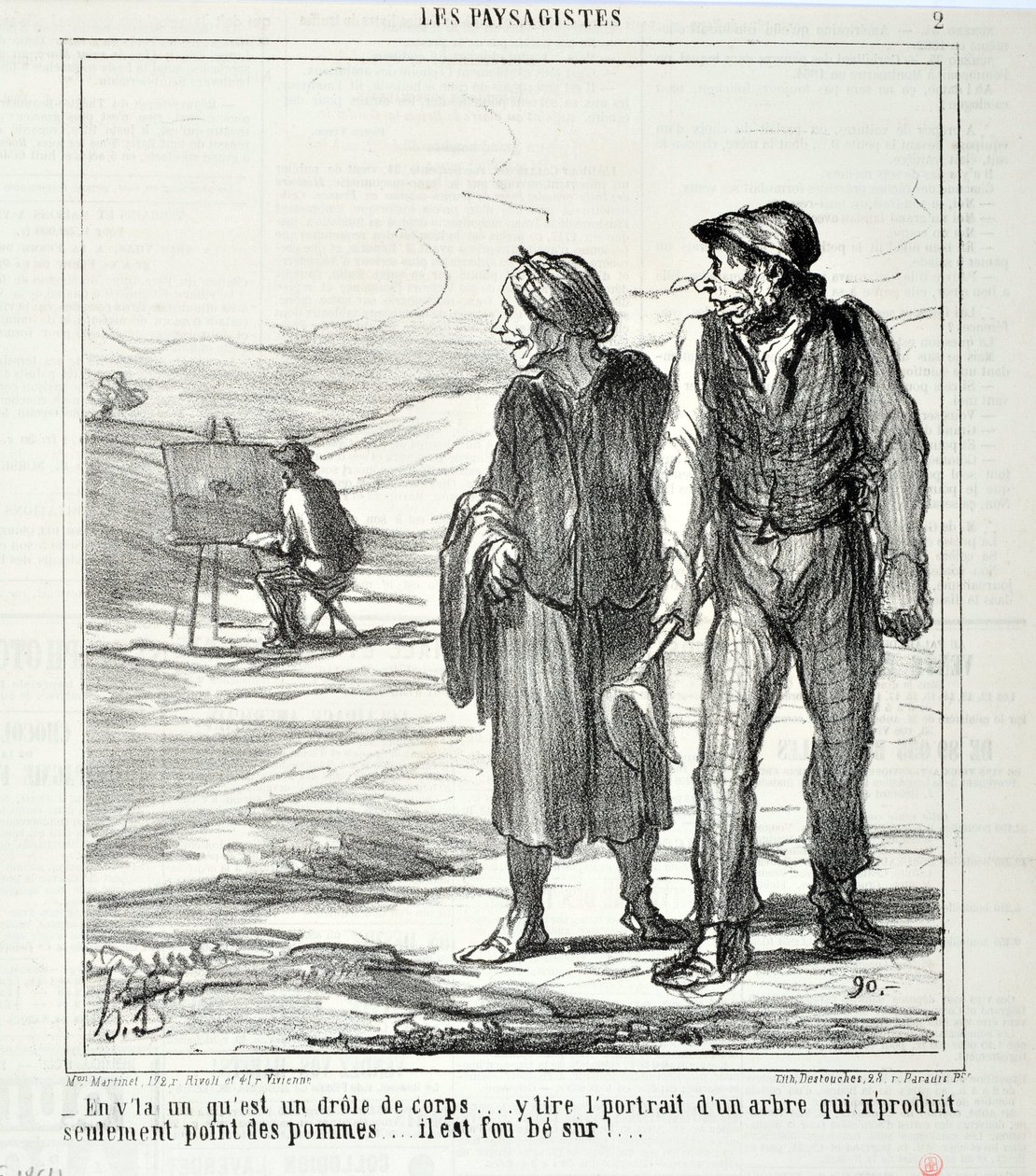 Grafika: Honore Daumier (1808-1879). Charivari pochodzi z 1864 roku: Serie LES LANDSAGISTS „” – W tym, który jest zabawnym ciałem… rysuje portret drzewa, które nie produkuje tylko jabłek… szaleje za nim!…” MUZEUM SZTUK PIĘKNYCH - PAŁAC LONGCHAMP, autorstwa Honoré Daumier