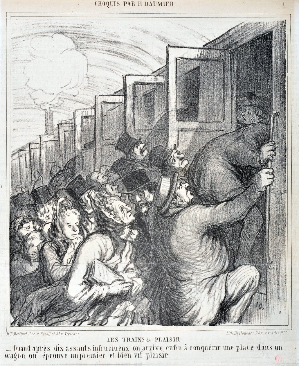Grafika: Honore Daumier (1808-1879). Charivari pochodzi z 1864 roku: Serie Sketch Les trains de plaisir „” – Kiedy po dziesięciu nieudanych atakach w końcu zdobywamy miejsce w wagonie, doświadczamy pierwszej i bardzo żywej przyjemności””” MUSEE DES BEAUX A autorstwa Honoré Daumier