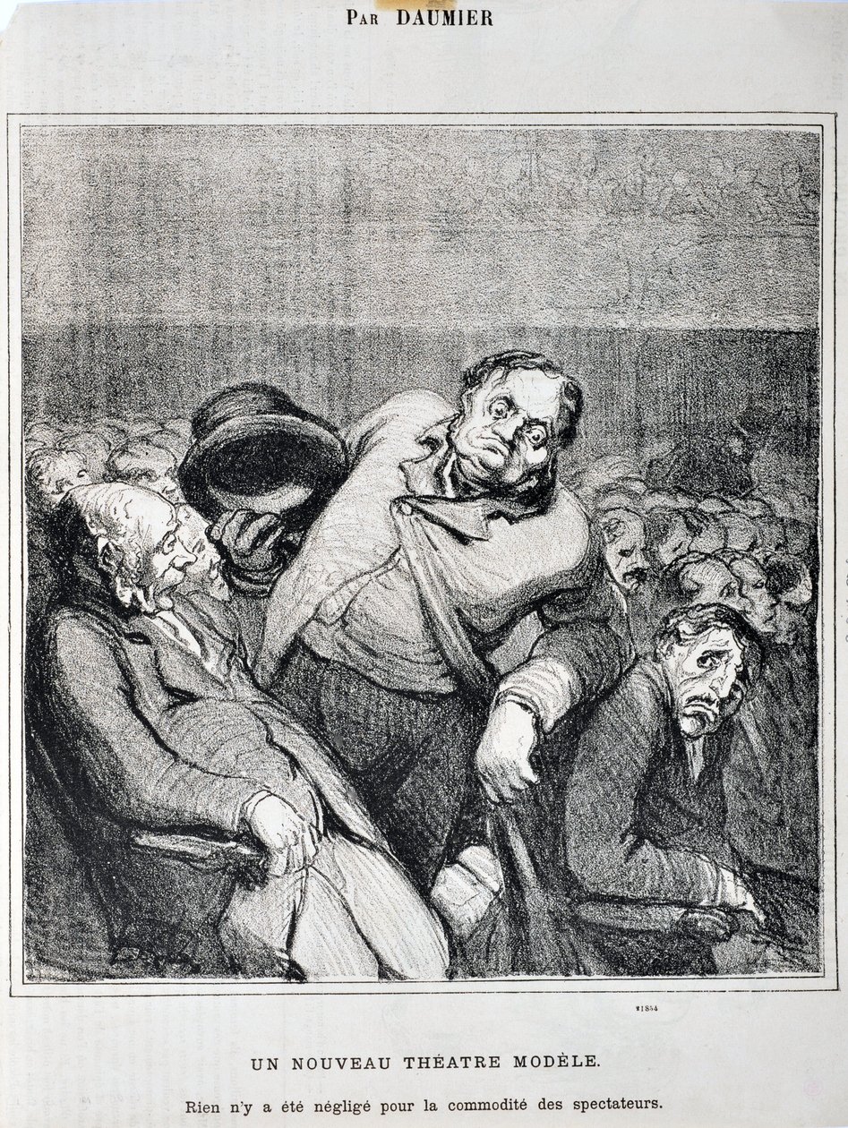 Grafika: Honore Daumier (1808-1879). Charivari pochodzi z 1864 r.: Szkice serii wzięte w teatrze Nowy model teatru. „Nic nie zostało zaniedbane dla wygody widzów”” MUSEE DES BEAUX ARTS - PALAIS LONGCHAMP, MARSEILLE autorstwa Honoré Daumier