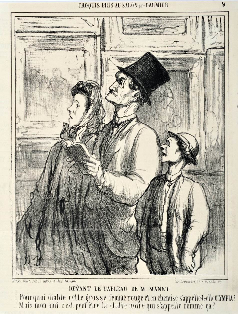 Grafika: Honore Daumier (1808-1879) Charivari pochodzi z 1865: Serie CRUQUIS PAUIT W SALONIE Przed obrazem Maneta „” -Dlaczego do cholery jest ta wielka czerwona kobieta w koszuli o nazwie Olympia? - Ale moim przyjacielem może być czarny kot, który tak się autorstwa Honoré Daumier