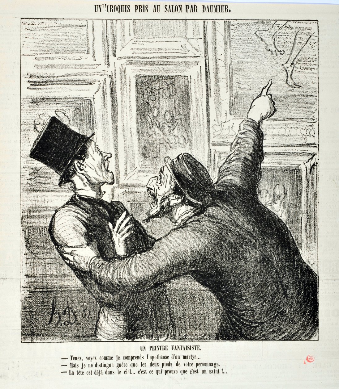 Grafika: Honore Daumier (1808-1879). Charivari pochodzi z 1865 roku: Seria szkiców zrobionych w salonie Kapryśny malarz. „Tutaj, zobacz, jak rozumiem apoteozę męczennika… „Ale widzę tylko dwie stopy twojej osoby. autorstwa Honoré Daumier